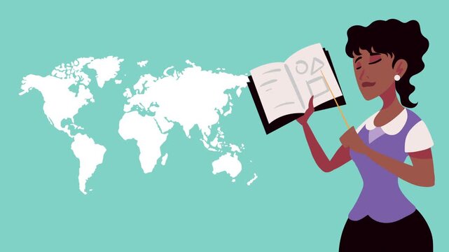 Woman teaching with world map backdrop motion graphics explains lesson with book and pointer.
