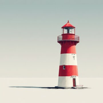 Centered lighthouse artwork: red and white beacon on a clean white backdrop