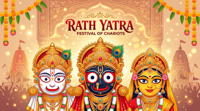 Lord Jagannath Balabhadra and Subhadra smiling faces with ornate temple gateway and crowd of devotees in background for Rath Yatra banner
