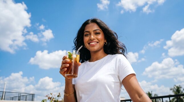 Woman enjoying a refreshing summer drink outdoors.