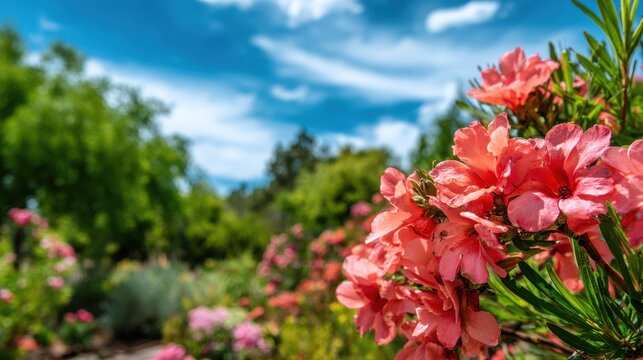 Floral Backdrop of Coral Hues and Fresh Greens Under a Wide Open Sky