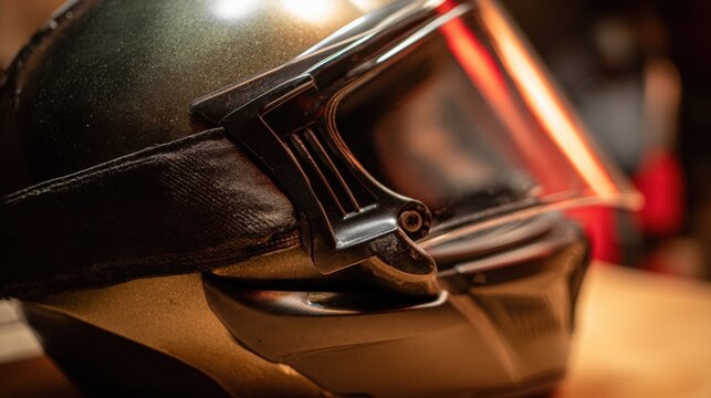 Close-up of a dark metallic motorcycle helmet with a tinted visor and chin strap. Detailed view of a protective motorcycle helmet, ready for the next race or adventure on the road