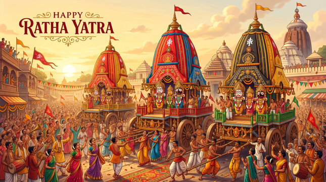 Lord Jagannath rath yatra vector illustration with four chariots and dancing devotees in Puri street under golden sun rays for festival banner
