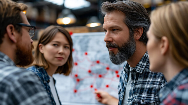 Group of supply chain managers clustered around a printed disruption impact map on warehouse wall, marking rerouting solutions with red markers, dramatic overcast skylight above, ideal for supply ch