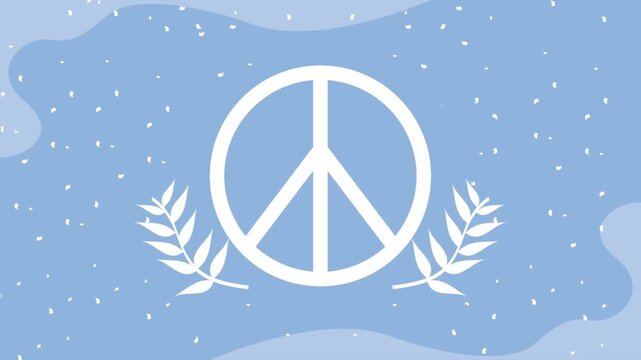 Peace symbol graphic animation with animated leaves and particles for peaceful concept.
