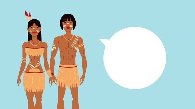 Indigenous couple with speech bubble motion graphic animation for cultural diversity and native american heritage celebration.