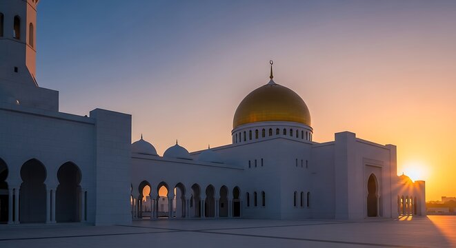 Golden-domed mosque illuminated at sunset with arched colonnades during twilight.