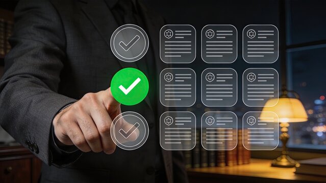 Businessman selecting legal document on virtual interface digital approval process online contract signing modern office technology corporate law concept night city background