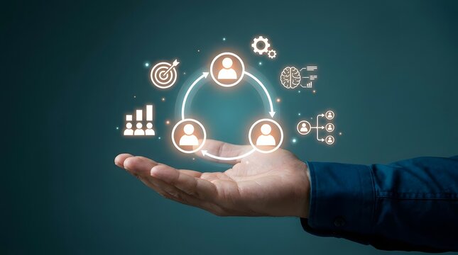 Businessman hand displaying a glowing holographic circular process icon representing team collaboration and continuous workflow improvement strategy.