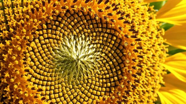 Extreme macro of sunflower center disc florets in full bloom, golden pollen-dusted stamens, each tiny floret tube distinct, natural sunlight, extraordinary botanical texture, summer abundance.