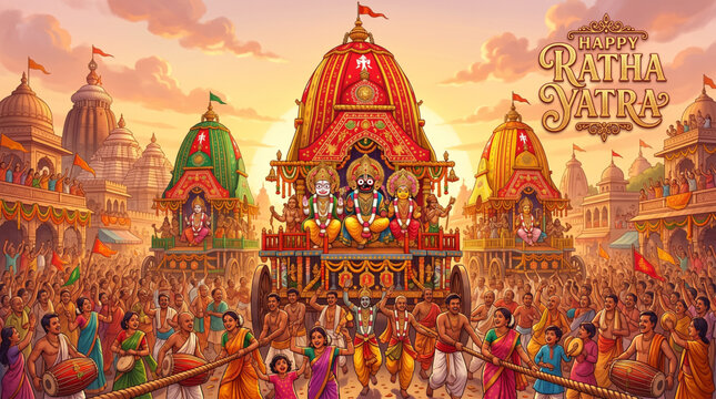 Lord Jagannath rath yatra vector illustration with three chariots and devotees pulling long ropes in Puri street for traditional festival banner
