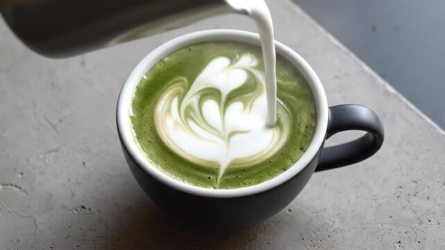 Matcha latte being poured in top-down view, steamed oat milk swirling into jade green matcha base in matte charcoal ceramic cup, grey concrete surface, copy space, specialty cafe mood.
