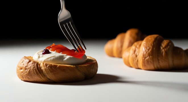 Flaky golden croissant topped with creamy whipped cream, sweet red jam, and a single cherry, fork piercing delicious breakfast pastry.
