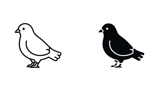Cute plump pigeon icon set featuring avian silhouette and outline design for urban wildlife and city bird themed graphic projects