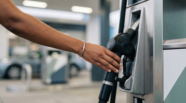 Close up of Indian woman's hand holding fuel pump nozzle at station