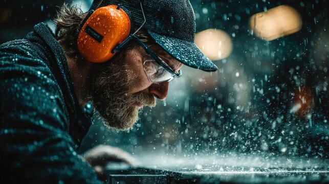 Bearded industrial worker wearing safety earmuffs and glasses operating heavy machinery in a workshop with sparks and flying particles