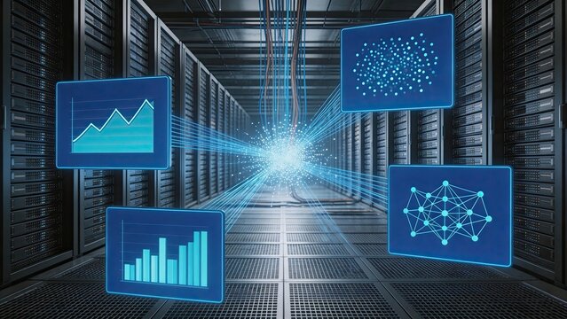 Futuristic data center server room with holographic business charts neural network AI and big data analytics visualization representing cloud computing and digital technology