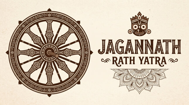 Lord Jagannath rath yatra vector illustration with intricate wooden chariot wheel and traditional deity icon for historical festival banner
