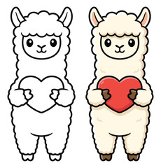 Fototapeta premium Alpaca characters feature a cute standing fluffy llama holding a red heart for this lovely coloring page
