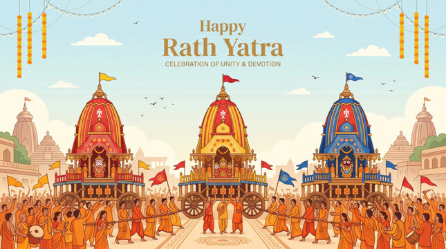 Lord Jagannath rath yatra vector illustration with three chariots and devotees pulling ropes under blue sky for traditional festival banner
