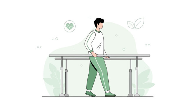 Man walking with parallel bars for physical therapy and rehabilitation