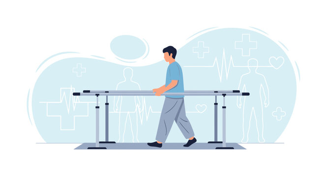 Man walking with parallel bars in physical therapy, rehabilitation, and healthcare concept