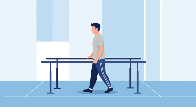Man walking with parallel bars in rehabilitation, physical therapy, recovery