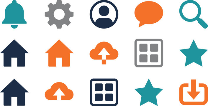 Comprehensive set of modern minimalist web and mobile app interface icons featuring home notification settings cloud upload and profile symbols.