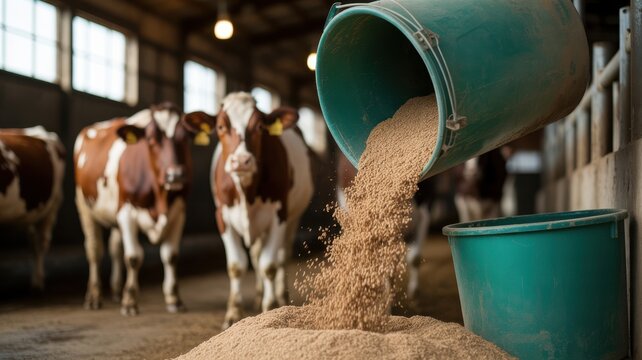 Grain pouring from a green bucket for dairy cows in a barn