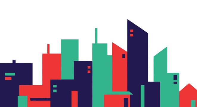 Minimalist colorful city skyline with geometric buildings on white background