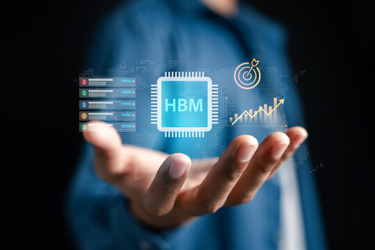 Investment in HBM high bandwidth memory for AI data center growth. Man presenting semiconductor chip technology for high speed data processing and business success.