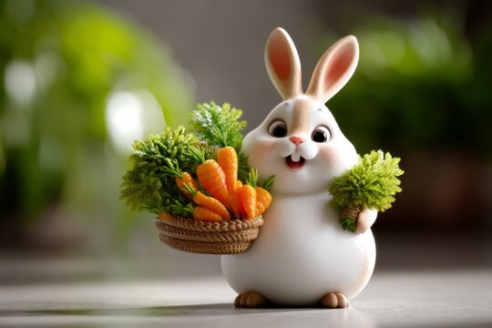 Adorable 3D Bunny Holding Carrots and Greenery in a Charming Basket with a Cute Expression