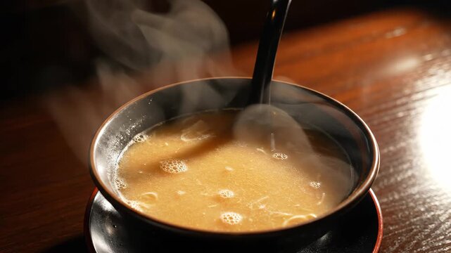 Steam rising in delicate wisps from black lacquer Japanese ramen bowl filled with golden tonkotsu broth, dark polished wood surface, warm directional light, generous dark copy space.