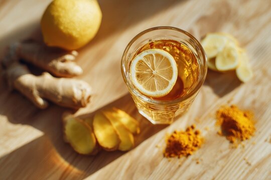 Flat lay of warm amber turmeric ginger tea with lemon garnish on a light wooden surface