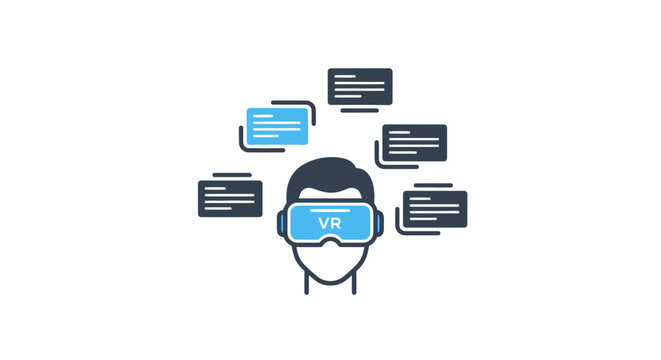 Person wearing virtual reality goggles with multiple chat boxes floating around head.