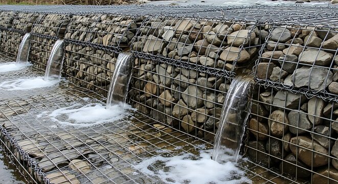 Stone Filled Gabion Weir Diverting Flowing Water in Outdoor Stream Channel