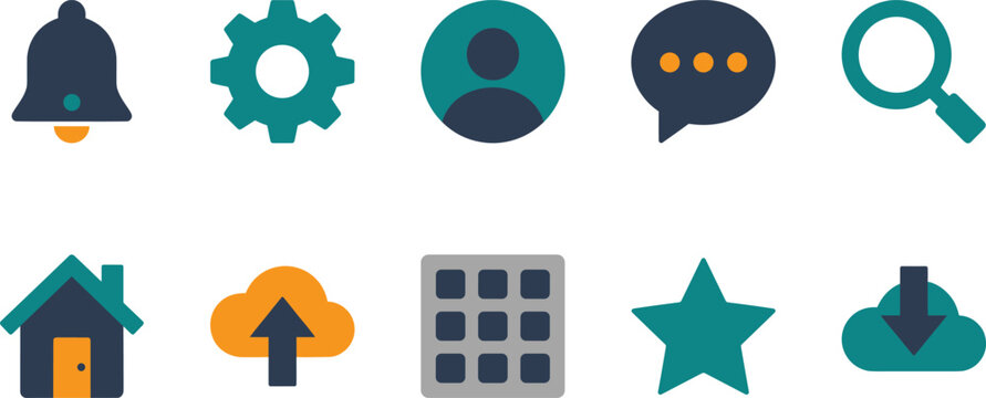 Modern flat design user interface icon set featuring bell notification gear settings profile avatar chat bubble and search glass symbols