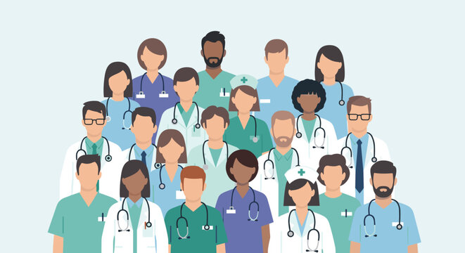 Diverse group of healthcare professionals posing together.
