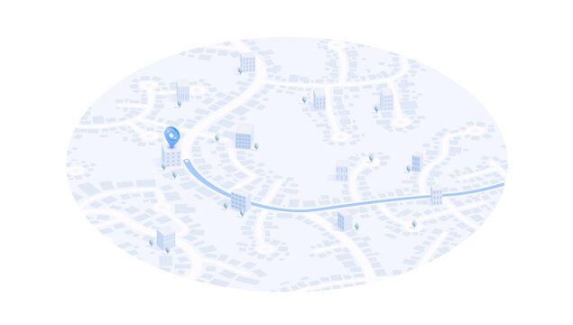 Isometric city map in oval frame with location pin and curved blue route line through urban districts