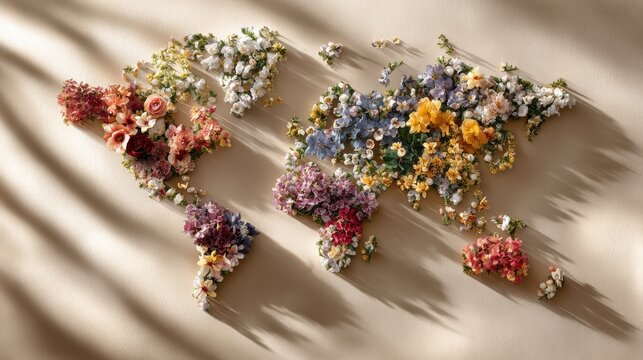 World map artfully crafted from a vibrant assortment of fresh flowers. A stunning representation of the Earth's continents formed entirely from a diverse collection of colorful blossoms and greenery