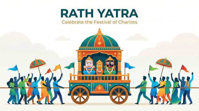Lord Jagannath chariot vector illustration with devotees holding royal umbrellas and flags while pulling ropes for Rath Yatra festival banner

