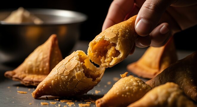 Golden crispy savory Indian samosas snack appetizer, close-up detail, hand holding broken pastry revealing delicious filling.