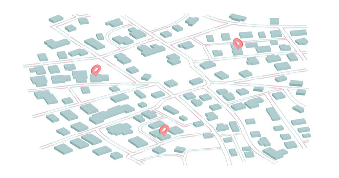 Isometric urban plan with simple building blocks and three red location markers
