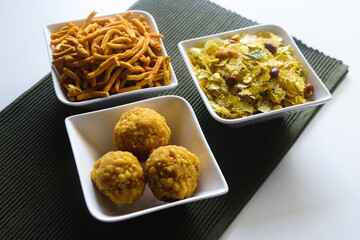 Indian most popular Diwali festival snacks Bundi Ladoo Sev or Shev and Chivda  © Chandrakant