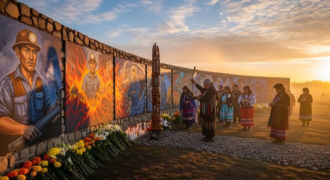 Indigenous Ceremony at Sunset with Mining Murals and Traditional Attire.