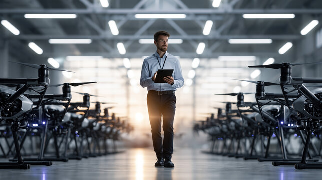 Delivery drone fleet parked in symmetrical rows inside testing hangar, single engineer walking line doing pre-flight inspections with checklist tablet, minimalist studio aesthetic, ideal for drone d