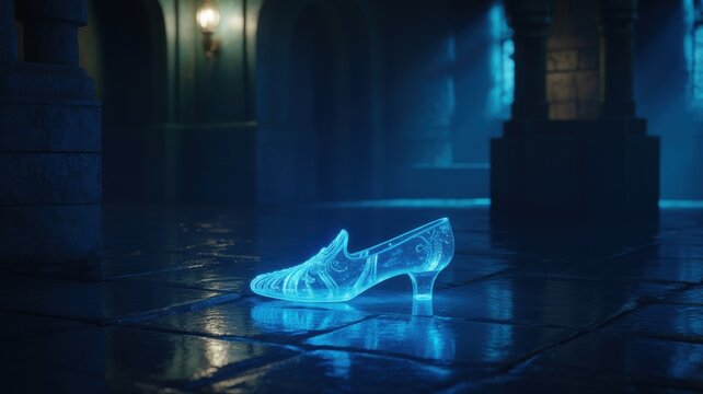 Magical blue glass slipper glowing on a dark palace floor
