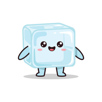 Smiling cartoon ice cube character standing.