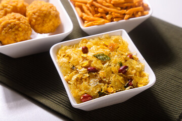 Indian most popular Diwali festival snacks Bundi Ladoo Sev or Shev and Chivda  © Chandrakant