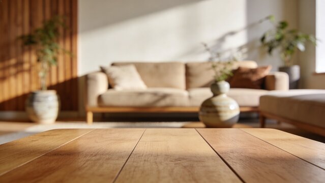&ldquo;Blurred modern living room interior with strong depth of field effect, focus on empty wooden tabletop surface in the foreground, background intentionally out of focus showing a warm beige sofa with c